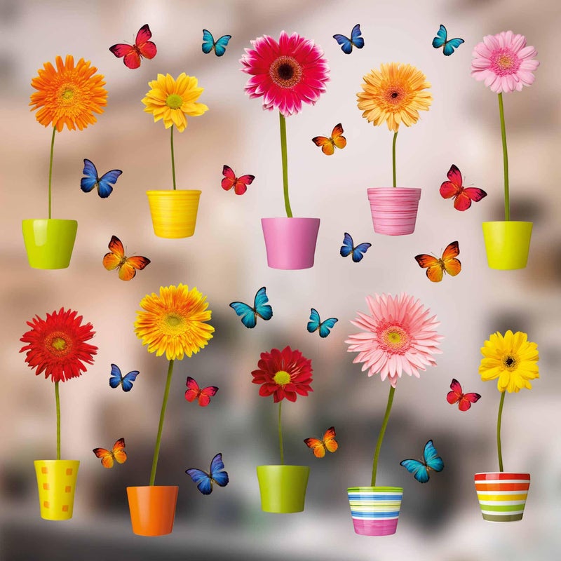 Stickers4 Set of 10 Potted Gerbera Window Clings with 20 Butterflies, Double-Sided Repositionable Static Clings for Glass, Reusable Floral Stickers for Spring & Summer Home, Classroom or Storefront Decor - Image 1